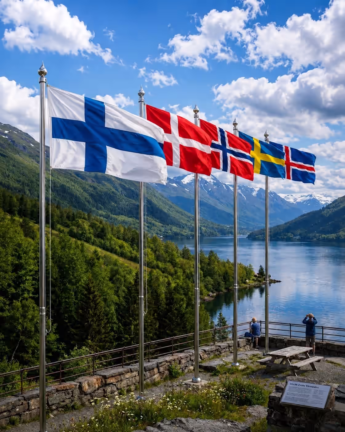 De Finse vlag 2 Scandinavië — Vijf nationale vlaggen tegen de achtergrond van het noordelijke landschap